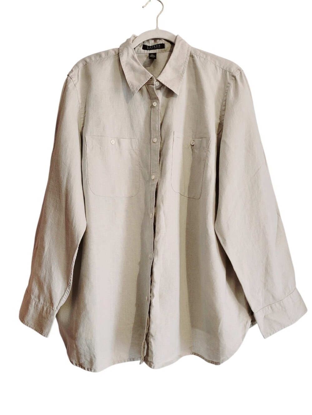 Lauren Ralph Lauren Wmn 2X 100% Linen Tan Roll-tab Long Sleeve Button-up Shirt